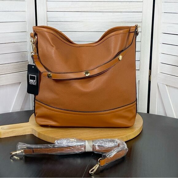 MKF Mia K Farrow Nya Cognac Gold Studded Hobo Bag Tote - Picture 1 of 9